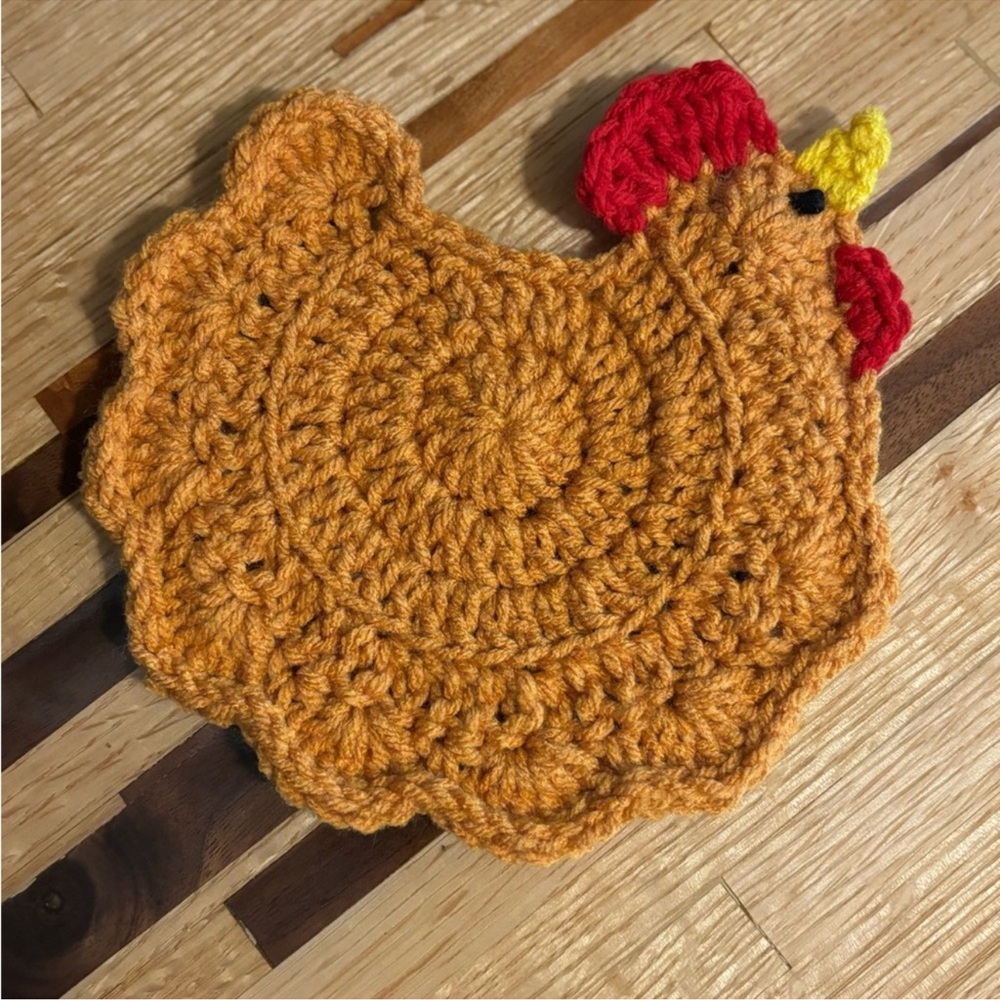 Set of 2! Homemade crochet chicken coasters